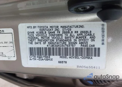 2003 Toyota Camry Le from USA, damaged, VIN 4T1BE32K03U763767